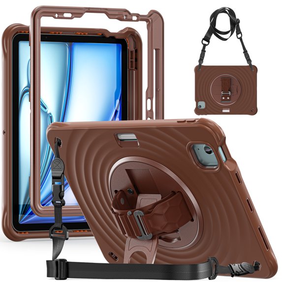 for iPad Air 11" 2025/2024 Case, Durable Protection Case with Rotate Stand, Portable Hand Strap & Shoulder Strap Pencil Holder, Case for iPad Pro 11" 2022/2021/2020/2018/iPad Air 5th/4th, Chocolate
