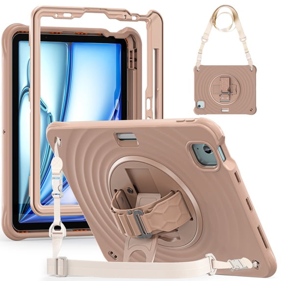 for iPad Air 11" 2025/2024 Case, Durable Protection Case with Rotate Stand, Portable Hand Strap & Shoulder Strap Pencil Holder, Case for iPad Pro 11" 2022/2021/2020/2018/iPad Air 5th/4th, Latte