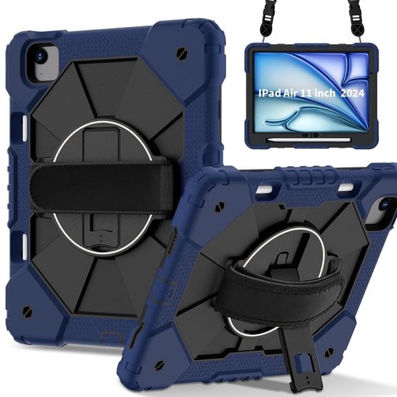 for iPad Air 11 Inch 6th Gen 2024 Case, Military Grade Heavy Duty Silicone Protection Cover with Pencil Holder + 360 Rotating Stand + Wrist Handle Rugged Cover, Navyblue+Black