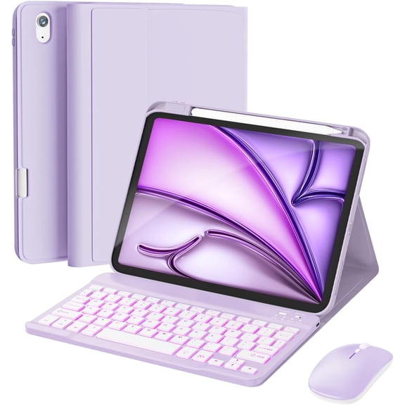 For iPad Air 11-inch Case with Keyboard M4/M3/M2 (2026/2025/2024), Mouse and Detachable Wireless Keyboard Combo for iPad Air 5th/4th 10.9-inch, 7-Color Backlight with Pencil Holder, Purple