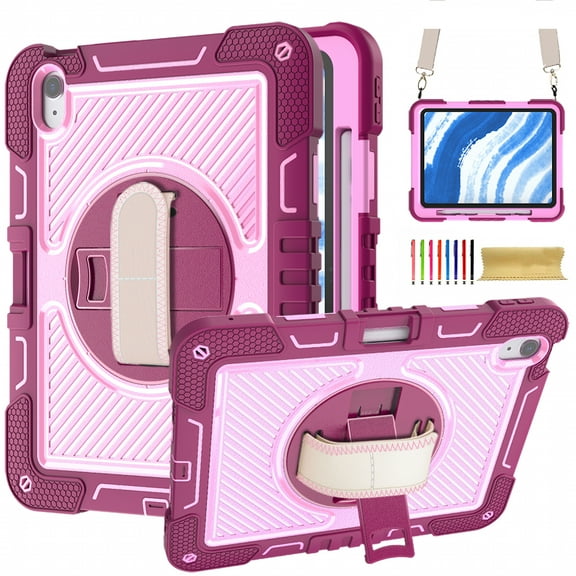 for iPad Air 11 inch M2 Air 6th Generation 2024(Model:A2902/A2903/A2904), Silicone Heavy Duty Shockproof Rugged Case with Hand Strap Carrying Crossbody Strap Kickstand Protective Cover, Rose
