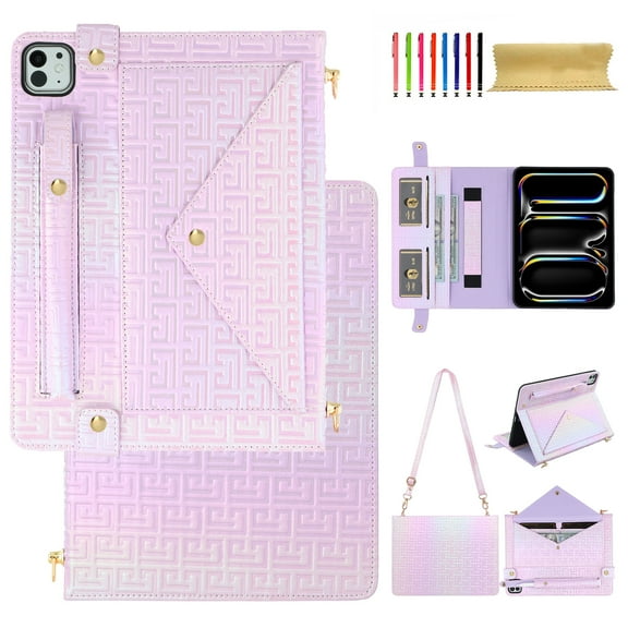 For iPad Air 13" 2024/Pro 12.9"2022-2018 Wallet Case,With Shoulder Strap&Hand Strap With Elastic,[Stylus Slots&Envelope Pocket,Card Slots],Flip Folio Stand PU Leather Shockproof Rugged Cover,Purple