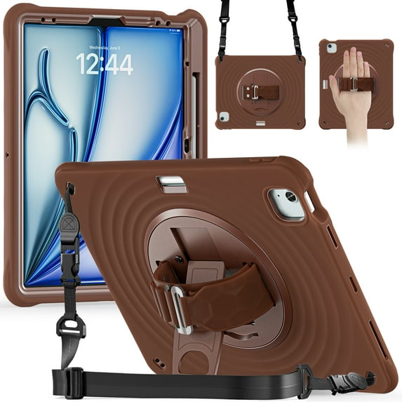for iPad Air 13" 2025/2024 Case, Durable Sturdy Protection Case with Rotation Stand, Portable Hand Strap and Shoulder Strap Pencil Holder, Heavy Duty Shockproof Anti-Drop Cover, Chocolate