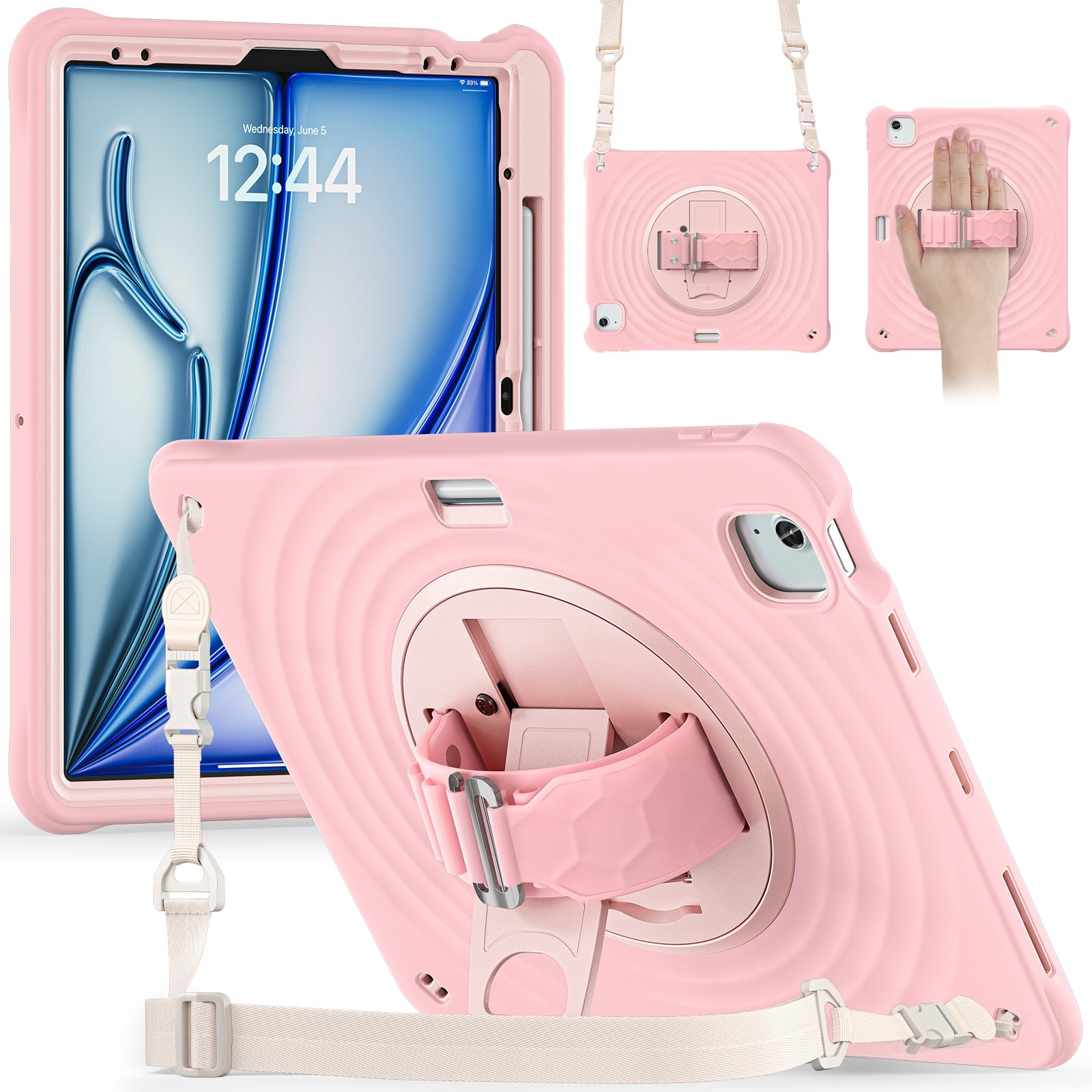 for iPad Air 13" 2025/2024 Case, Durable Sturdy Protection Case with Rotation Stand, Portable Hand Strap and Shoulder Strap Pencil Holder, Heavy Duty Shockproof Anti-Drop Cover, Pink