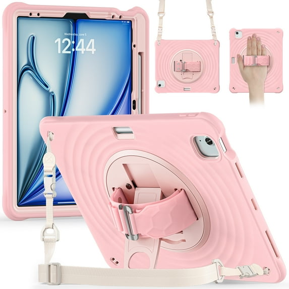 for iPad Air 13" 2025/2024 Case, Durable Sturdy Protection Case with Rotation Stand, Portable Hand Strap and Shoulder Strap Pencil Holder, Heavy Duty Shockproof Anti-Drop Cover, Pink