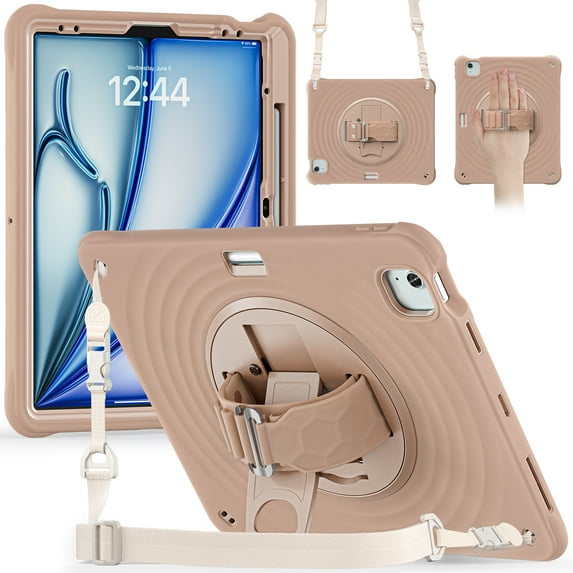 for iPad Air 13" 2025/2024 Case, Durable Sturdy Protection Case with Rotation Stand, Portable Hand Strap and Shoulder Strap Pencil Holder, Heavy Duty Shockproof Anti-Drop Cover, Latte