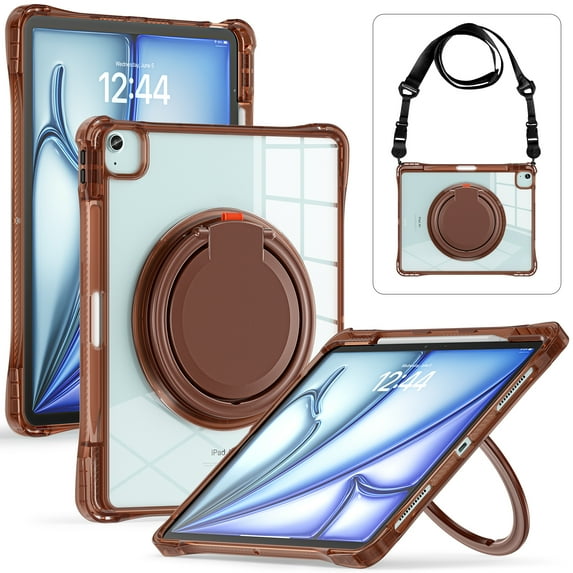 for iPad Air 13" 2025/2024 Case with Stand & Portable Handle, Protective Clear Shockproof Dropproof Rugged Shoulder Strap Kids Friendly Cover for iPad Pro 12.9" 2022/2021/2020/2018, Chocolate