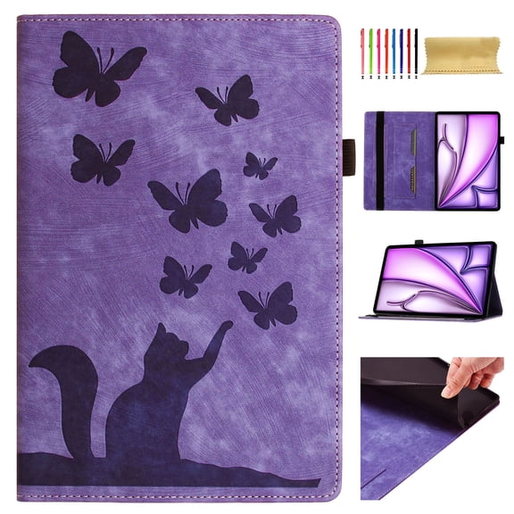 for iPad Air 13 Inch 2024 Adjustable Kickstand Case, Lovely Pattern PU Leather + Soft Inner Case Auto Wake/Sleep Flip Folio Cover with Pen Holder & Card Slots for iPad Air 13 Inch 2024, Purple