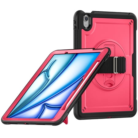 for iPad Air 13 Inch M2 2024 6th Gen Case with Adjustable Hand Strap, Heavy Duty Shockproof Protective Cover with Rotating Stand, Shoulder Strap, Pencil Holder, Heat Dissipation Tablet Case, Rose