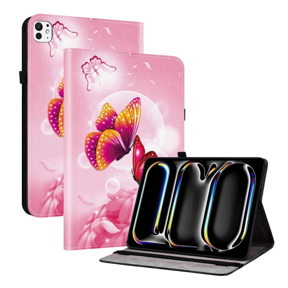 For iPad Air 13" (M2/M3), Pro 12.9" (3rd/4th/5th/6th Gen) Folio Case with Stand/Card Slots/Elastic Band Closure/Pen Loop Holder, Stylish Cute PU Leather Protective Lightweight Cover, Pink Butterfly