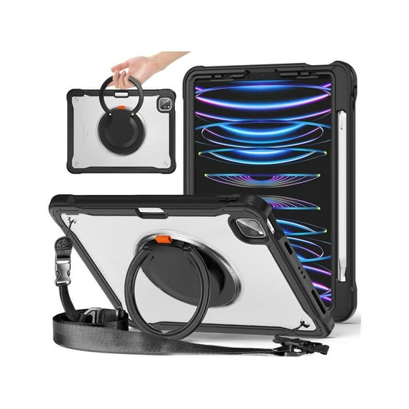 For iPad Air 13 inch 2024 (M2), iPad Pro 12.9 inch 2022 6th 2021 5th 2020 4th 2018 Shockproof Cover with Pencil Holder, Rotatable Stand, Shoulder Strap