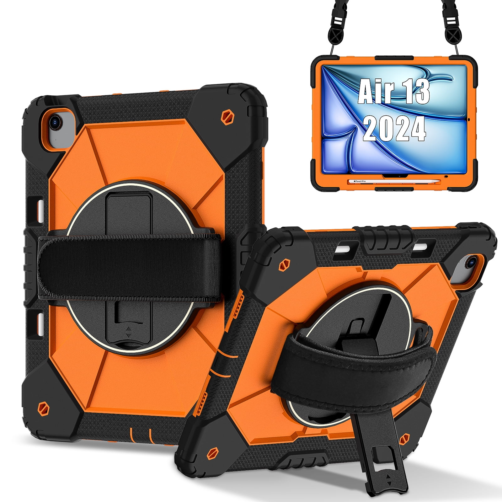for iPad Air 13 inch (M2) 2024 Case, Military Grade Heavy Duty Silicone Protection Cover with Pencil Holder + 360 Rotating Stand + Wrist Handle Rugged Cover for iPad Air 13" 2024, Black+Orange