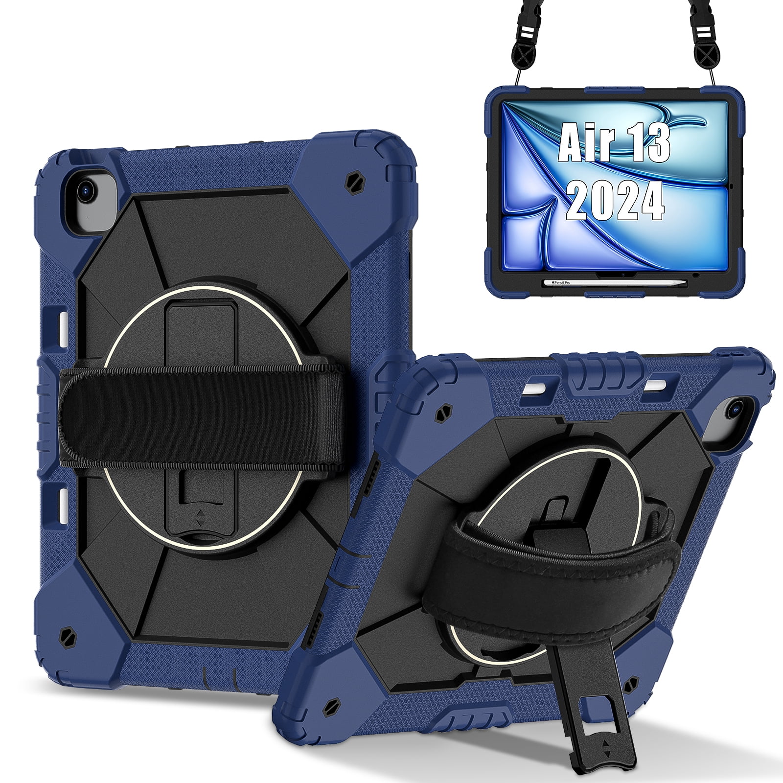 for iPad Air 13 inch (M2) 2024 Case, Military Grade Heavy Duty Silicone Protection Cover with Pencil Holder + 360 Rotating Stand + Wrist Handle Rugged Cover for iPad Air 13" 2024, Navyblue+Black