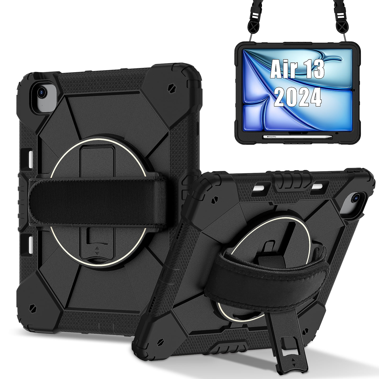 for iPad Air 13 inch (M2) 2024 Case, Military Grade Heavy Duty Silicone Protection Cover with Pencil Holder + 360 Rotating Stand + Wrist Handle Rugged Cover for iPad Air 13" 2024, Black