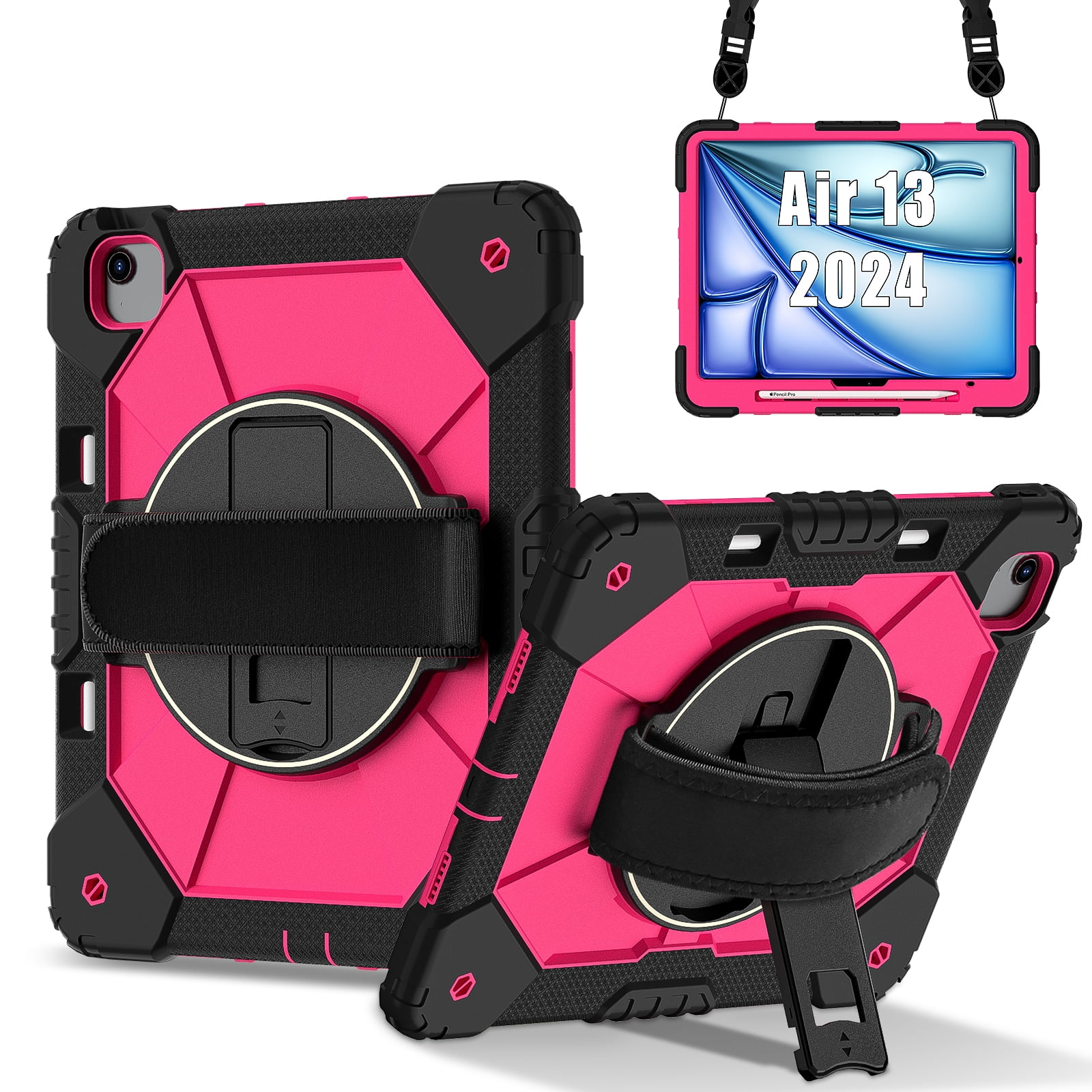 for iPad Air 13 inch (M2) 2024 Case, Military Grade Heavy Duty Silicone Protection Cover with Pencil Holder + 360 Rotating Stand + Wrist Handle Rugged Cover for iPad Air 13" 2024, Black+Rose