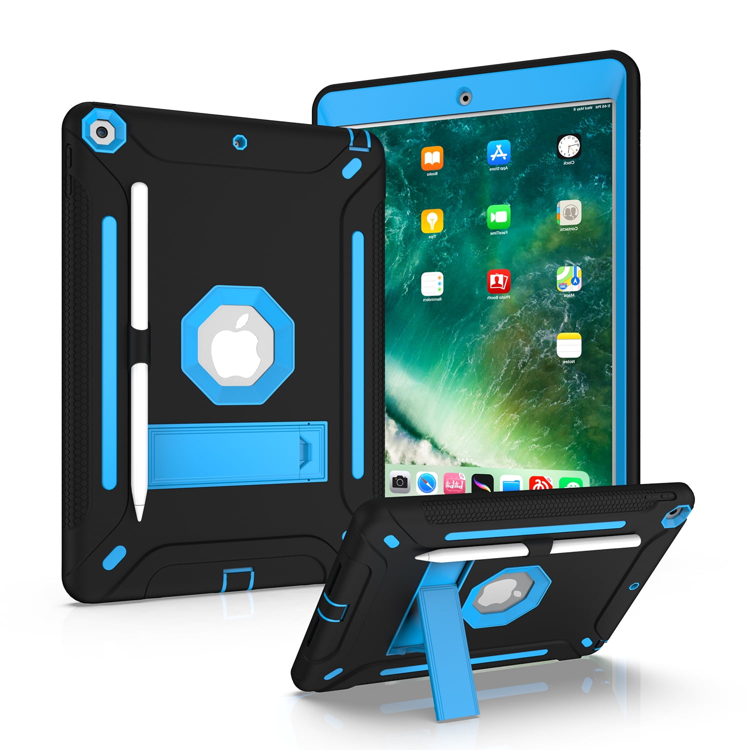 iPad Air 2 Case, iPad 9.7 Case 6th Generation, Dual Layer Shockproof Lightweight Hybrid Rugged Kickstand Protective Cover with Pencil Holder, Black/Blue
