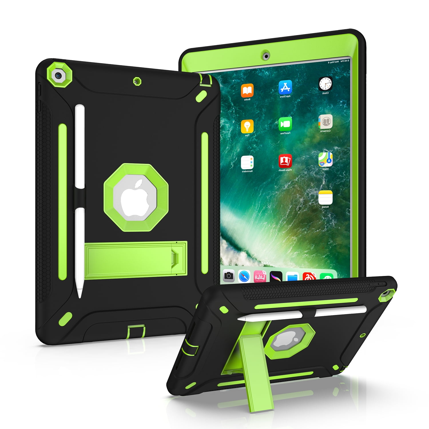 iPad Air 2 Case, iPad 9.7 Case 6th Generation, Dual Layer Shockproof Lightweight Hybrid Rugged Kickstand Protective Cover with Pencil Holder, Black/Olivine