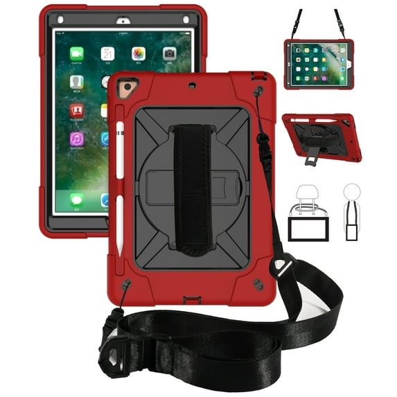 iPad Air 2 Case,iPad Pro 9.7 Case,Hybrid Shockproof Rugged Heavy Duty Full-Body Drop Protection Stand Kids Case with Shoulder Strap for iPad 6 / iPad Pro 9.7,Red+Black