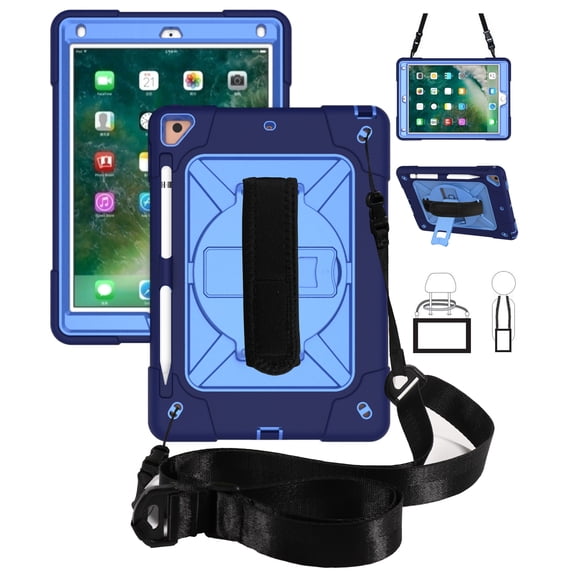 iPad Air 2 Case,iPad Pro 9.7 Case,Hybrid Shockproof Rugged Heavy Duty Full-Body Drop Protection Stand Kids Case with Shoulder Strap for iPad 6 / iPad Pro 9.7,Blue