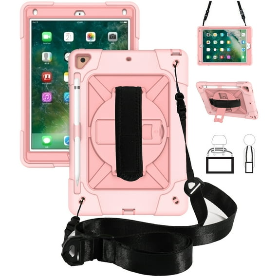 iPad Air 2 Case,iPad Pro 9.7 Case,Hybrid Shockproof Rugged Heavy Duty Full-Body Drop Protection Stand Kids Case with Shoulder Strap for iPad 6 / iPad Pro 9.7,Rosegold