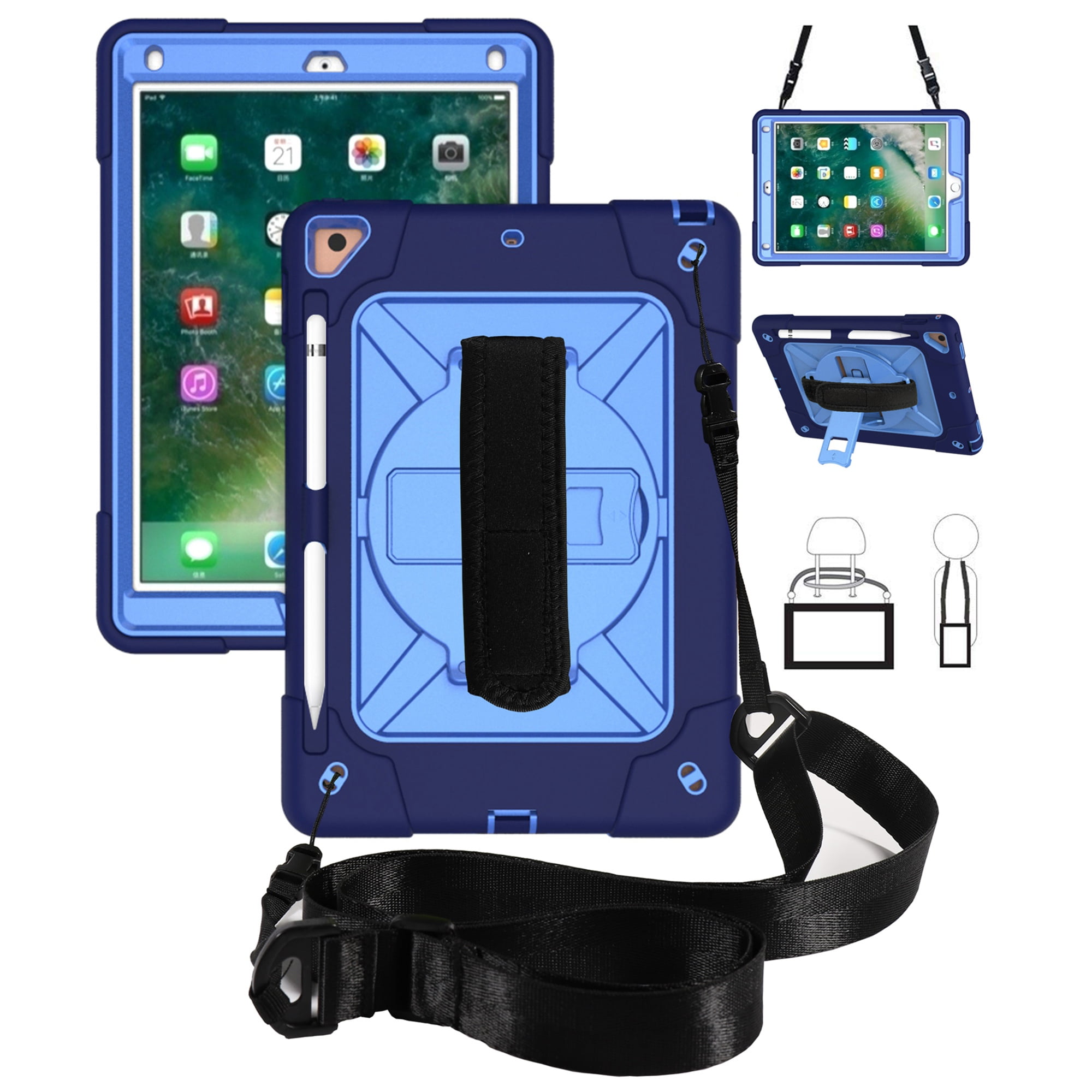 iPad Air 2 Shockproof Case, iPad Pro 9.7 Case, Dteck Heavy Duty Rugged 3  Layer Full Body Protection Case Kickstand with Shoulder Strap, Hand Strap,  Black/Rose 