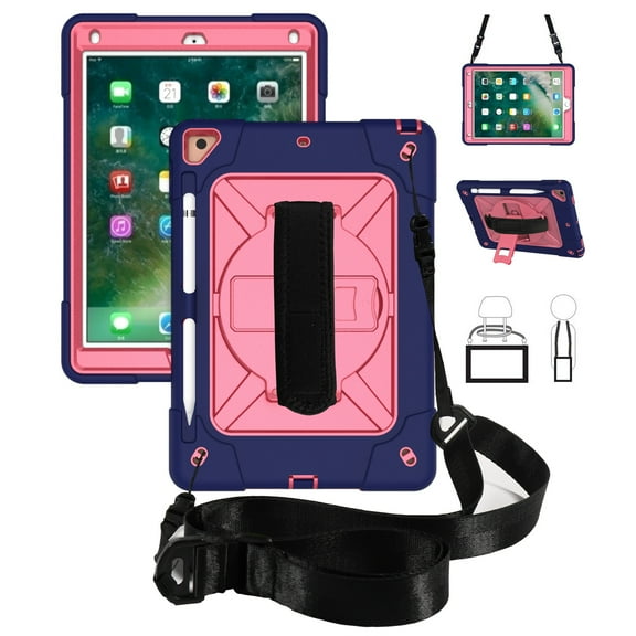 iPad Air 2 Shockproof Case, iPad Pro 9.7 Case, Dteck Heavy Duty Rugged 3 Layer Full Body Protection Case Kickstand with Shoulder Strap, Hand Strap, Navy/Rose