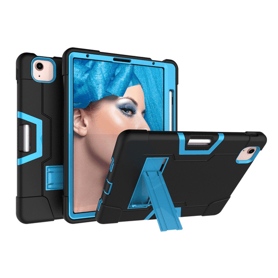 For iPad Air 4 10.9" 2020 Cover, Kid Friendly Heavy Duty Shock Resistant Rugged Case with Built-in Pen Holder Stand for 2020 Released Apple iPad Air 4 10.9" (Black+Blue)
