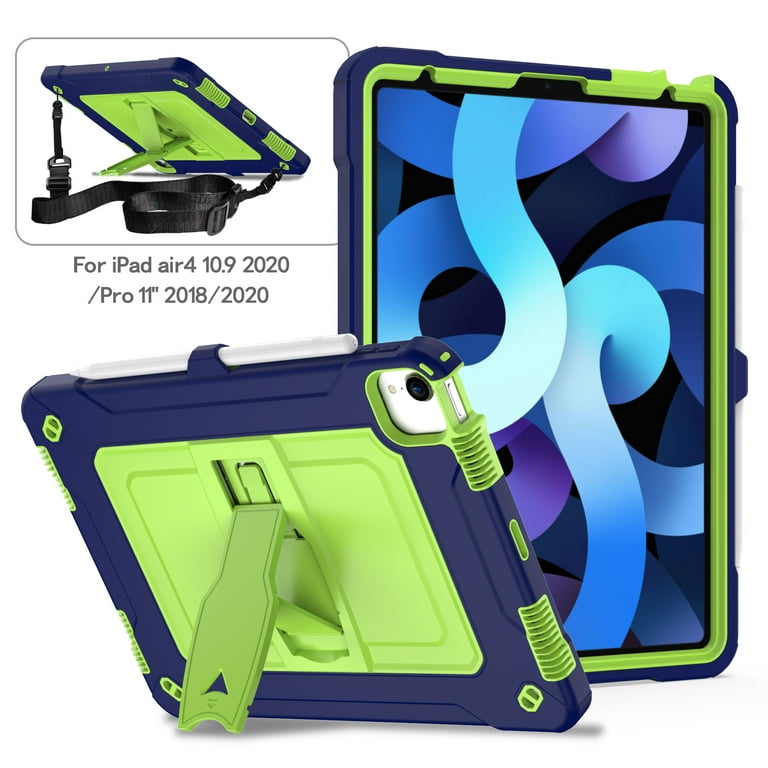 iPad Air 4 10.9 Case 2020, iPad Pro 11 Inch 2020 2018 Case, Heavy Duty  Hybrid Shockproof Stand Anti Scratch Kids Cover Drop-Proof Protection Case  with Hand Shoulder Strap Case,Black & Blue 