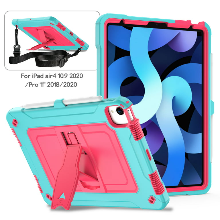 iPad Air 4 10.9 Case 2020, iPad Pro 11 Inch 2020 2018 Case, Heavy Duty  Hybrid Shockproof Stand Anti Scratch Kids Cover Drop-Proof Protection Case  with Hand Shoulder Strap Case,Aqua & Rose 