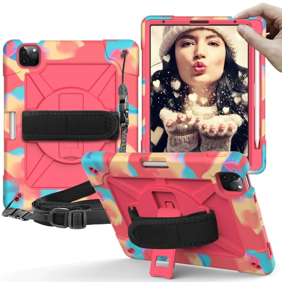 iPad Air 4 Case 10.9 Inch 2020,iPad Pro 11 Case,Hybrid Shockproof Rugged Heavy Duty Full-Body Drop Protection Stand Kids Case with Shoulder Strap for iPad Air 4th Gen/iPad Pro 11,Colorful Pink