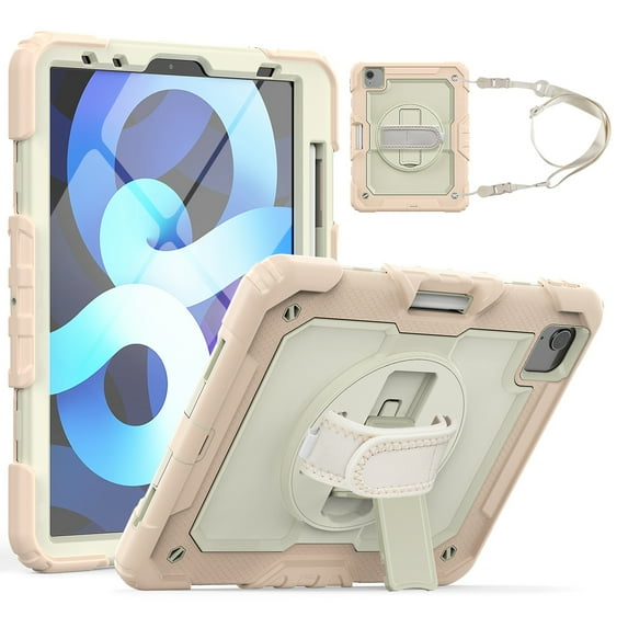 iPad Air 4th Gen Case, iPad Air 10.9 Case, iPad Pro 11 Case, Dteck Heavy Shockproof Case with Built-in Screen Protector Rotating Stand Cover with Adjustable Hand Strap/Shoulder Strap,Rosegold