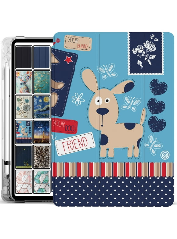 iPad Air 5 2022 / Air 4 2020 10.9 Inch [ Air 4th Air 5th Gen ] A2316 A2324 A2325 A2072 A2588 Magnetic Trifold Printed Pencil Holder Transparent Soft Silicone TPU Back Cover - Puppy Friend