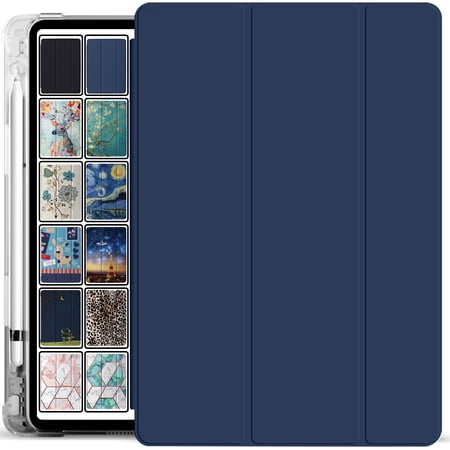 iPad Air 6 2024 11" Air 5 2022 Air 4 2020 10.9" [ Air 4th Air 5th 6th 11th ] A2316 A2324 A2325 A2072 A2588 Magnetic Printed Pencil Holder Transparent Soft TPU Cover - Navy Blue