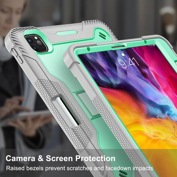 iPad Air 5 4 10.9" Case, iPad Pro 11 Case, Allytech Heavy Duty Shockproof Rugged Full Body Protective Case Impact Defender Hard Kickstand Cover for Apple iPad Air 5th 4th Gen, iPad Pro 11, Gray/Green