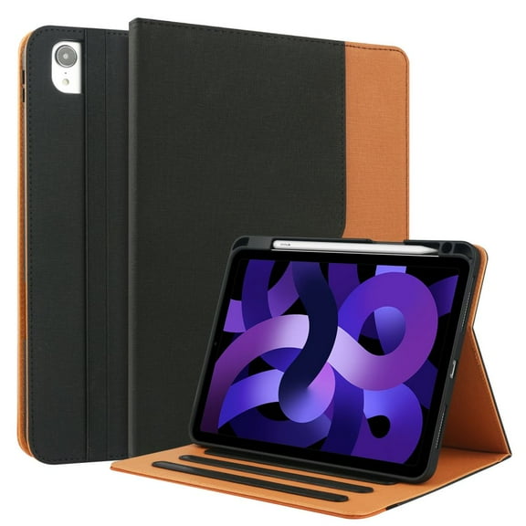 iPad Air 5th/4th Generation Case 2022/2020, iPad Air 10.9 Inch Case Cover with Built-in Pencil Holder and Hand Strap, Auto Sleep/Wake, Multiple Viewing Angles for iPad Air 5/4 Gen, Black/Brown