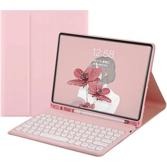 iPad Air 5th 4th Generation Case with Keyboard 10.9 Inch, Soft TPU Back Cover with Pencil Holder for iPad Air 5 2022/iPad Air 4 2020 with Candy Magnetically Detachable Round Keys Keyboard (Pink)