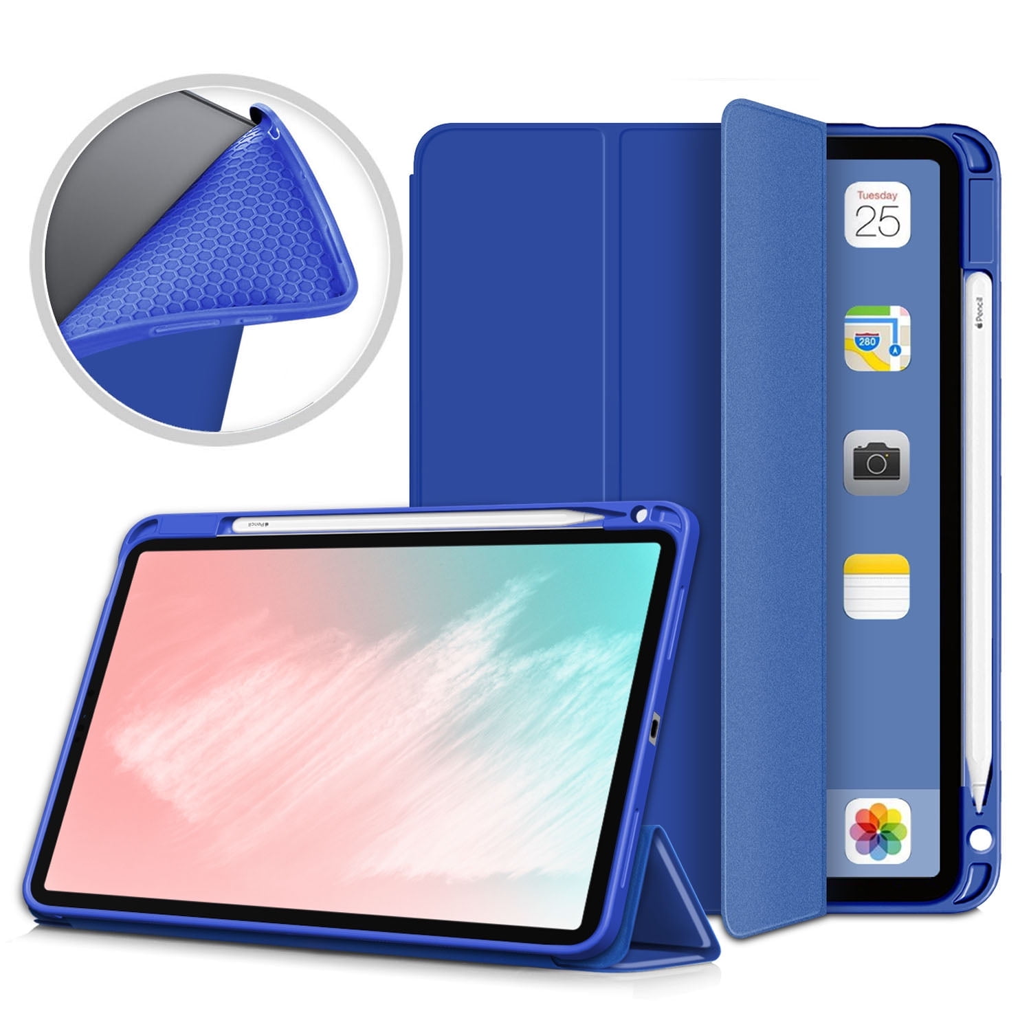 iPad Air 5th 4th Generation Case, iPad 10.9" Case 2022 2020, Allytech Ultra Slim Trifold Stand Protective Multi Angle Stand Pencil Holder Case Cover for Apple iPad Air 4 5, Darkblue