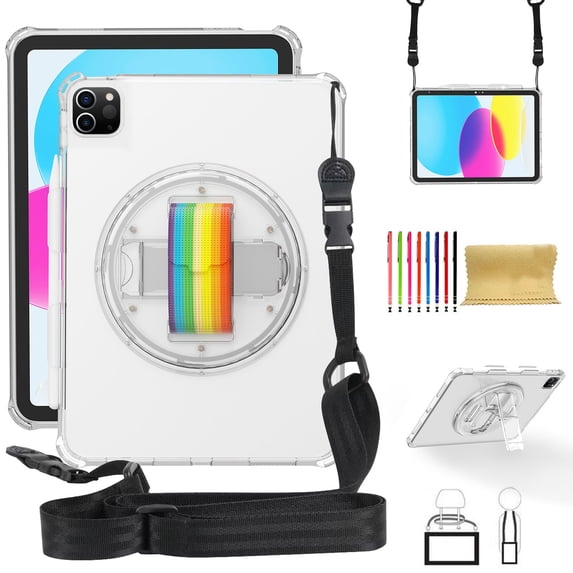 for iPad Air 6th Gen 11" 2024/Pro 11" 2022 2021 2020 2018/Air 4/Air 5 Case with Pencil Holder Sparkle Glitter 360 Rotating Kickstand Hand Strap Shoulder Strap Lightweight Clear Cover, Matte Clear