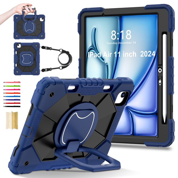 for iPad Air 6th Generation 11" 2024 M2 A2902/A2903/A2904 with Pencil Holder/360° Rotating Kickstand/Grip Handle/Shoulder Strap Kids Girls Heavy Duty Protective 3-Layers Cover, Darkblue+Black