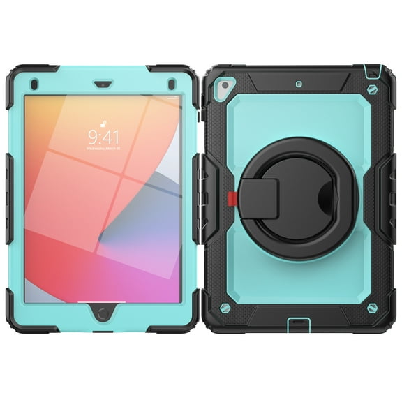 iPad Air Case (9.7"), iPad (6th/5th Gen) Case (9.7 Inch) - [Built with Screen Protector] Drop Proof Protective Kickstand Case Portable Handle Sturdy Rugged Cover, Black+Mint