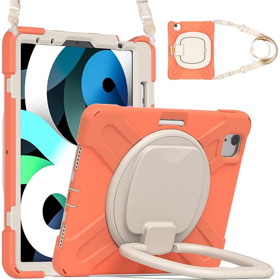 iPad Air4 2020/Air5 2022 Case iPad Pro11 case 4th/ 3rd / 2nd Generation 360°Rotatable Stand Shoulder Strap Pencil Holder Heavy Duty Shockproof Silicone Protective Case