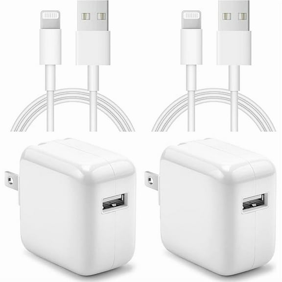 iPad Charger iPhone Charger [2-Pack] 12W USB Wall Charger Foldable Travel Plug Block with 6FT USB Flat Ribbon Cable Compatible with iPad iPhone, iPad, Airpod