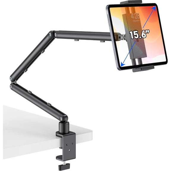 iPad Holder for Desk, Adjustable Tablet Arm iPad Desk Mount with C-Clamp, 30" Foldable Long Arm & 360 Rotation, Fits 4.7"15.6" i Pad Pro/Air/Mini, Phones & 15.6" Portable Monitors for Desk/Bed Use