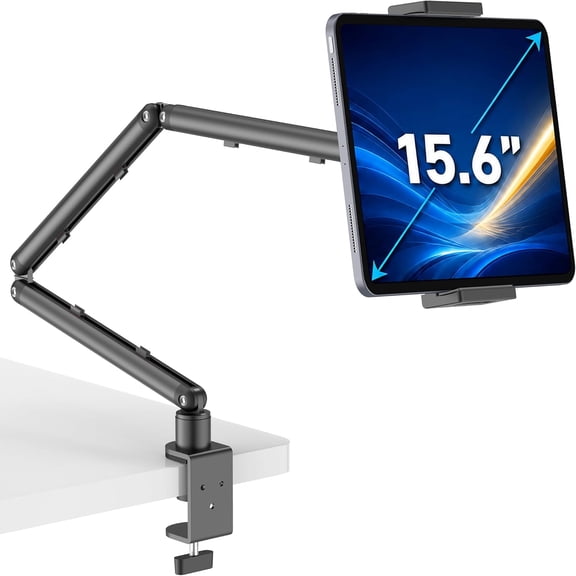 iPad Holder For Desk, Adjustable Tablet Arm iPad Desk Mount With C-Clamp | 30" Foldable Long Arm & 360 Rotation, Fits 4.7"-15.6" iPad Pro/Air/Mini, Phones & 15.6" Portable Monitors For Desk/Bed Use
