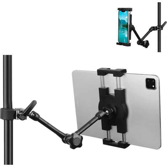iPad Holder for Microphone Stand/Mic Music Stand,Tablet Mount Compatible with 4.7~12.9" / Nexus/LG G Pads/e-Reader/Switch/iPhone,360 Adjustable 10" Long Aluminum Alloy Arm