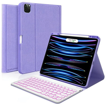 iPad Keyboard Case for iPad Pro 12.9” 2022/2021/2020 (6th/5th/4th Gen), Built-in Pencil Charging Holder 7-Color Backlit Wireless BT Magnetic Keyboard Auto Sleep/Wake Function-Purple