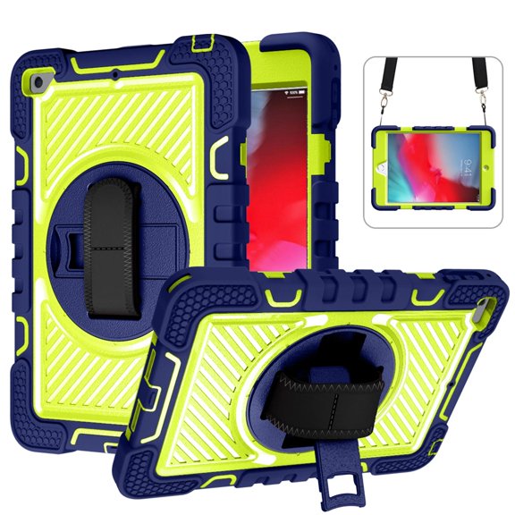 for iPad Mini 5 2019/Mini 4 2015 (5th/4th Generation 7.9 inch),360 Degree Rotation Kickstand Handle Wrist Strap Armor Heavy Duty Rugged Multi-Functional Cover with Adjustable Shoulder Strap,Navy+Green
