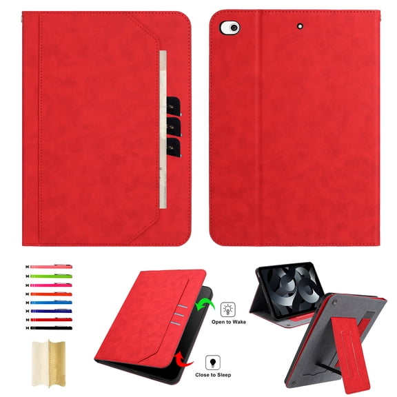 for iPad Mini 5/4/3/2/1 7.9" 2019/2015/2014/2013/2012 Tablet Case with Card Slots, PU Leather Stand Folio Protective Cover, with Pencil Holder Wrist Strap Auto Wake/Sleep Full Body Case, Red