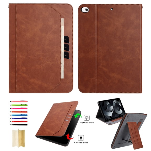 for iPad Mini 5/4/3/2/1 7.9" 2019/2015/2014/2013/2012 Tablet Case with Card Slots, PU Leather Stand Folio Protective Cover, with Pencil Holder Wrist Strap Auto Wake/Sleep Full Body Case, Brown
