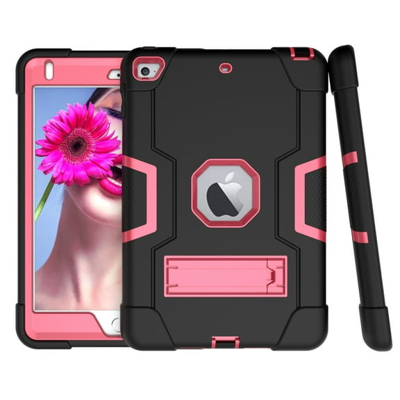 iPad Mini 5 Case (2019) Shockproof, iPad Mini 4 Case, Allytech Silicone Kickstand Heavy Duty Protective Hybrid Bumper Toddler Children Proof Back Cover for Apple iPad Mini 5/ Mini 4, Black/Rose